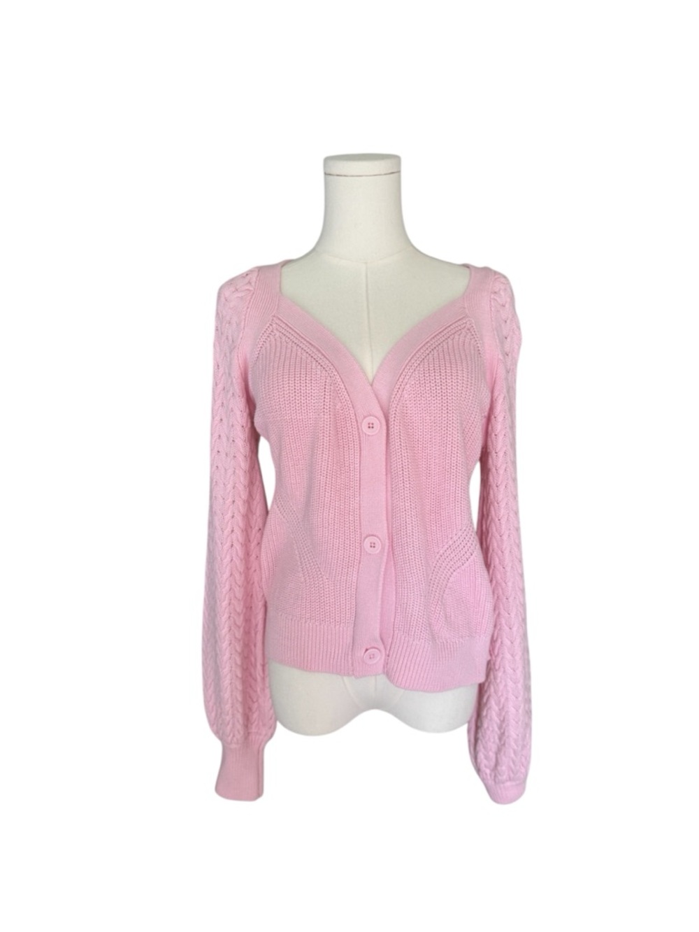 Pink Knit Cardigan Fitted V Neck Cable Sleeve Soft Girl Balletcore
M